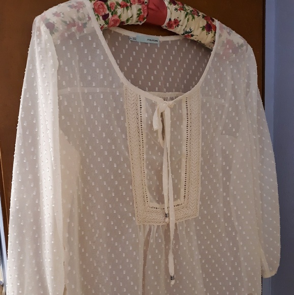 PEASANT/BOHO DOTTY LACE-TRIMMED SHEER BLOUSE , XL - Picture 1 of 6